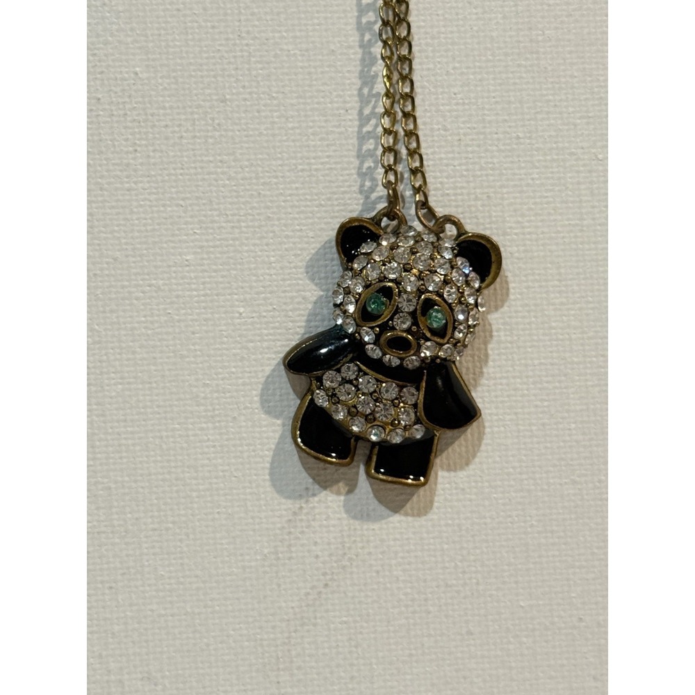 Delightful Black Enameled White Rhinestone Panda‎ Bear Goldtone Pendant Necklace